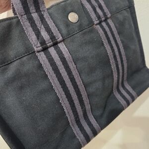 HERMES Black Tote Bag with Striped Handles Authentic 12x 9 In